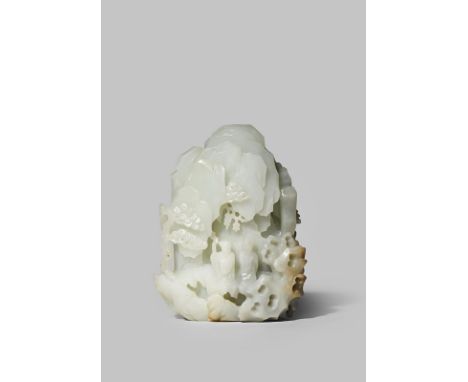 A CHINESE PALE CELADON JADE CARVING OF A MOUNTAIN QING DYNASTY Carved with five scholars, three studying scrolls, and an atte