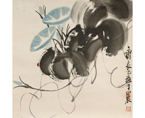 QI LIANG YI (1923-1988) A PAIR OF CHINESE HANGING SCROLL PAINTINGS 20TH CENTURY One depicting a spray of blue morning glory f