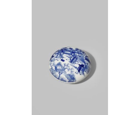 A SMALL CHINESE BLUE AND WHITE SEAL PASTE BOX AND COVER PROBABLY LATE QING DYNASTY The lid decorated with figures enjoying a 
