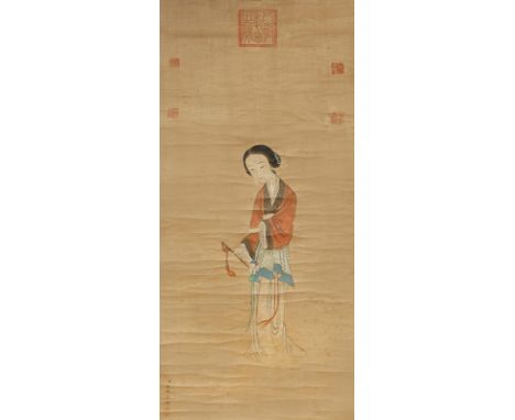 A CHINESE SCROLL PAINTING ON SILK AFTER LENG MEI MID QING DYNASTY Depicting a beautiful young lady holding a staff, signed ch