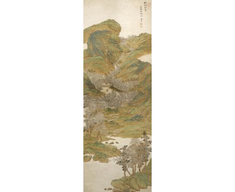 A CHINESE LANDSCAPE SCROLL PAINTING ON PAPER AFTER YUN SHOU PING PROBABLY 20TH CENTURY Depicting a temple and dwellings in a 