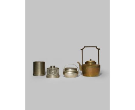 A CHINESE HAND WARMER, A SPIRIT LAMP AND A PAKTONG TEA KETTLE LATE QING DYNASTY The ovoid hand warmer with a reticulated cove