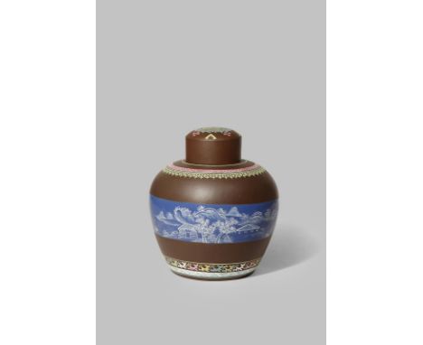 A CHINESE ENAMELLED YIXING JAR AND COVER QING DYNASTY With an ovoid body decorated with a broad band of blue enamel with a la