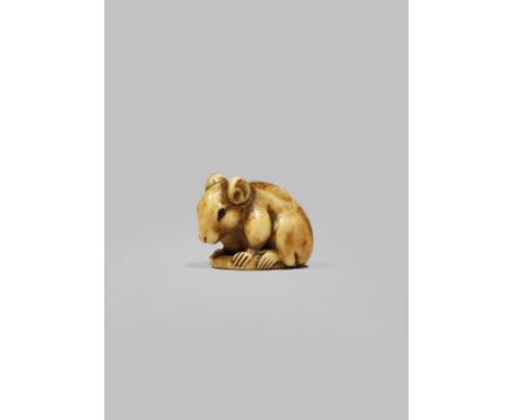 λ A JAPANESE IVORY NETSUKE 19TH CENTURY Depicting a small rat, its back hunched and seated holding its long tail curled under