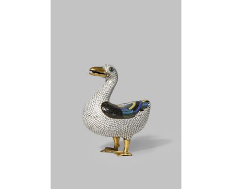 A CHINESE CLOISONNE ENAMEL DUCK 19TH CENTURY Standing, looking forward, with an open beak, a white body and the wings in blac