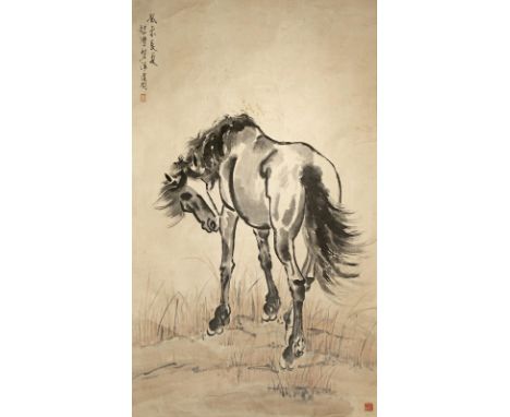 A CHINESE SCROLL PAINTING ON PAPER ATTRIBUTED TO XU BEI HONG 20TH CENTURY Depicting a horse standing with his head lowered, s