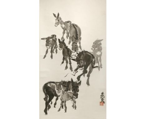 TWO CHINESE SCROLL PAINTINGS ON PAPER 20TH CENTURY One depicting five running horses, the other with eight donkeys, the forme