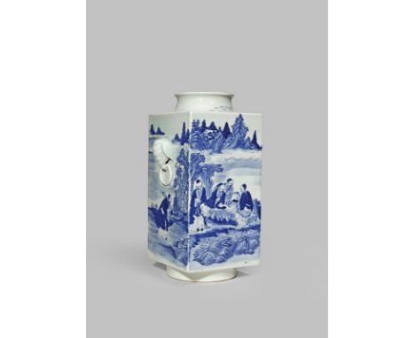A CHINESE BLUE AND WHITE CONG-SHAPED VASE EARLY 19TH CENTURY Painted with a continuous landscape scene with eight scholars en