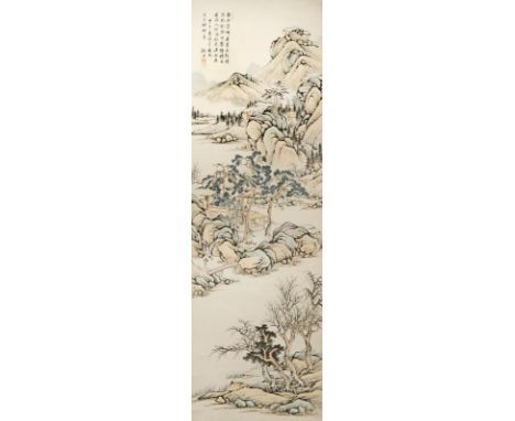 A CHINESE SCROLL PAINTING ON PAPER BY GU QIAO (1614-1700?) 17TH CENTURY Depicting a romantic scene of figures living in small