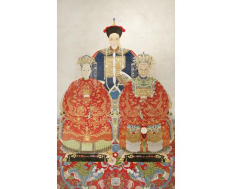 TWO CHINESE ANCESTOR SCROLL PAINTINGS ON PAPER QING DYNASTY One depicting three figures, the other of two civil rank official