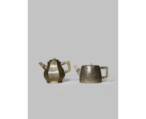 TWO CHINESE INSCRIBED PEWTER-ENCASED YIXING TEAPOTS AND COVERS QING DYNASTY Each set with a jade spout, handle, and knop, bot