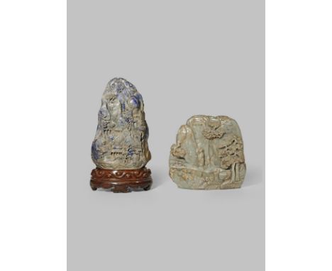 A MASSIVE CHINESE JADE BOULDER AND A LAPIS LAZULI CARVING OF A MOUNTAIN LATE QING DYNASTY Carved in high relief with a figure