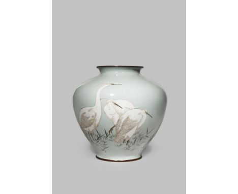 A LARGE JAPANESE CLOISONNE ENAMEL VASE MEIJI 1868-1912 The bulbous body decorated on one side with three egrets amongst reeds