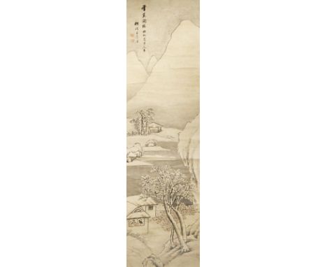 A CHINESE SCROLL PAINTING ON PAPER AFTER WANG XUE HAO LATE QING DYNASTY Depicting two figures in a hut in a mountainous winte