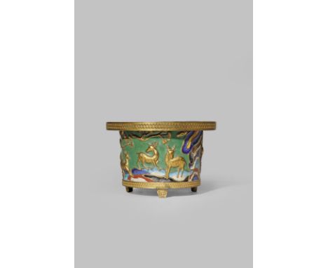 A CHINESE ENAMEL AND GILT METAL JARDINIERE QING DYNASTY OR LATER With a cylindrical body decorated with five repoussé deer an