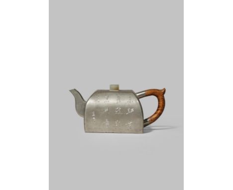 A CHINESE INSCRIBED PEWTER-ENCASED YIXING TEAPOT AND COVER QING DYNASTY The square-section body set with an angular C-shaped 