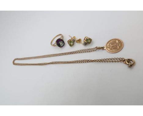 9ct (hallmarked) jewellery - Mystic Topaz ring size L/M, Libra sign pendant on chain - 56cm - weight approx 3.3 grams - Perid