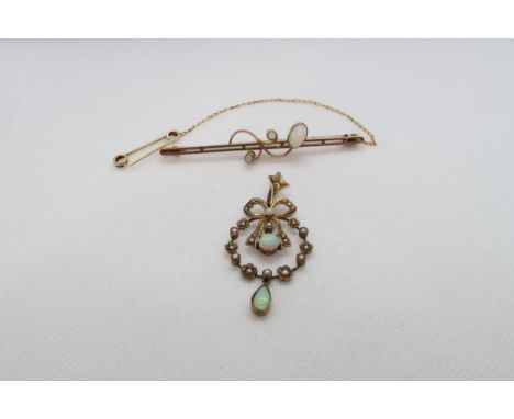 An Edwardian 9ct (hallmarked) opal pendant with seed pearls - 5cm - together with a 9ct (hallmarked) bar brooch with opals - 