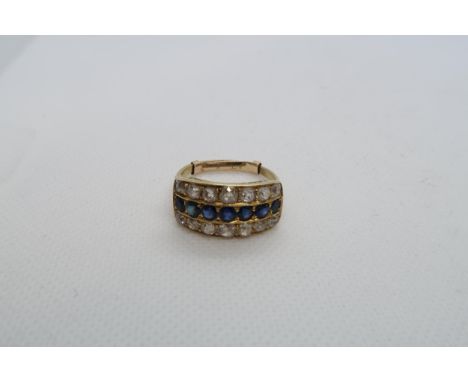 A late Victorian yellow gold diamond and sapphire triple row ring, old cut stones - ring size S - weight approx 5.8 grams 