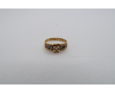 A Victorian 18ct yellow gold, hallmarked, ring with diamond sapphires and seed pearls, size L, approx 2.8 grams 