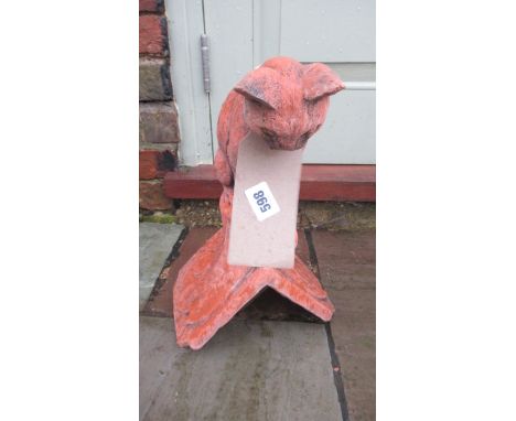 A seated cat roof ridge cast stone finial on a V 90 degree tile - Width 25cm x Length 18cm x Height 39cm 