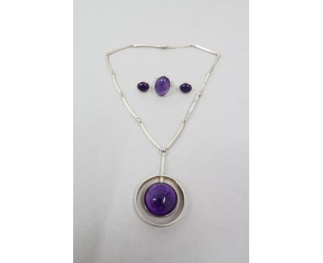 N E From, Danish Silver and cabochon amethyst necklace - amethyst 2.3cm diameter, necklace 47cm, with matching ring and earri