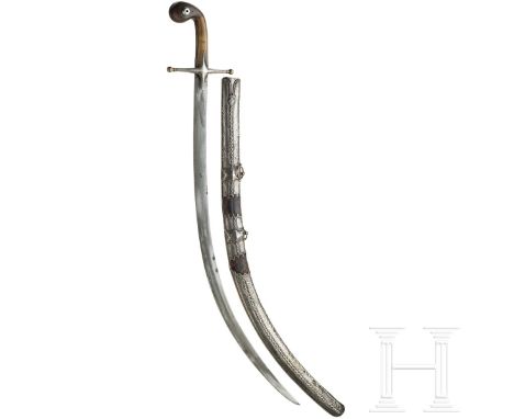 Silbermontierter Shamshir, osmanisch/ägyptisch, um 1800  Kräftige, gekrümmte Rückenklinge aus feinem Wootzdamast. Ornamental 