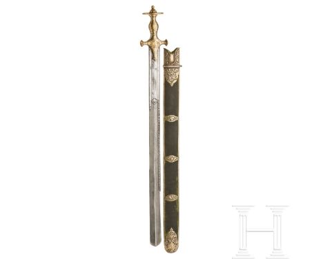 Goldeingelegter Khanda mit Wootzdamastklinge, Indien, um 1800  Beidseitig mittig leicht gegratete, an der Spitze zweischneidi