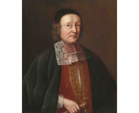   Anonym, 1.Hälfte 18.Jh. Portrait eines Würdenträgers in goldbesticktem, schwarz/rotem Umhang mit Spitzenbeffchen. Öl auf Le