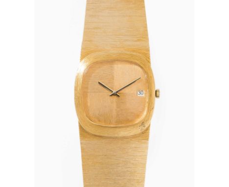   Binder Herrenarmbanduhr 1980er Jahre. 750 Gelbgold, strukturiert. Eterna-matic Cal. 1504. Gehäuse 37x34 mm, strukturiertes 