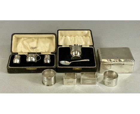 SILVER COLLECTABLES, including rectangular cigarette box, cased egg cup and spoon, cased three-piece miniature condiment set,