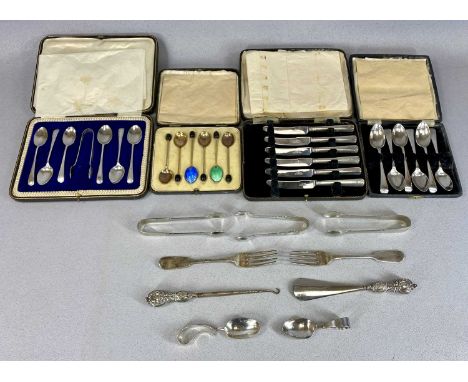 ASSORTED CUTLERY, including cased set of six George V silver teaspoons with matching tongs, Lee & Wigfull, Sheffield 1910; ca