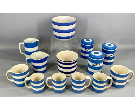 TRADITIONAL BLUE & WHITE CORNISH WARE, various makes, including three lidded kitchen containers, measuring jug, mugs, etc.Pro