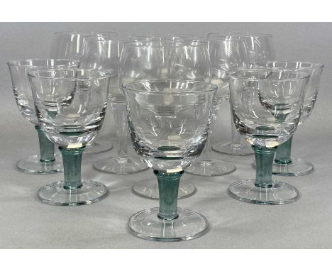 FIVE LARGE GREENWICH GLASS WATER GOBLETS with green stems, and six large Denby gin bowls (four boxed as new)Provenance: priva