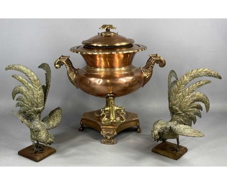REGENCY COPPER SAMOVAR, waisted body with ornate scroll handles, brass tap, cover with floral finial, 40cms (h); and pair of 