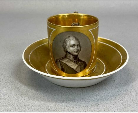 CONTINENTAL PORCELAIN CUP & SAUCER, cup with bat printed portrait of a gentleman, saucer with twin-headed eagle and Maltese c