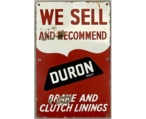 VINTAGE ENAMEL ADVERTISING SIGN, single sided, 'We Sell and Recommend Duron Brake and Clutch Linings' in red, white, and blac