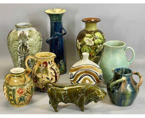 GROUP OF ENGLISH STUDIO POTTERY, including Brannam type Art Nouveau three-handled slender vase, with incised decoration, 90.5