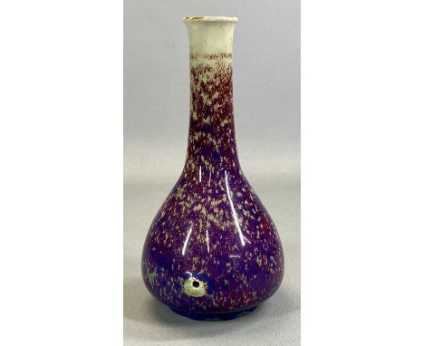 RUSKIN POTTERY HIGH FIRED LONG NECKED BOTTLE VASE, with purple and red body fading to grey on the neck, impressed marks to un