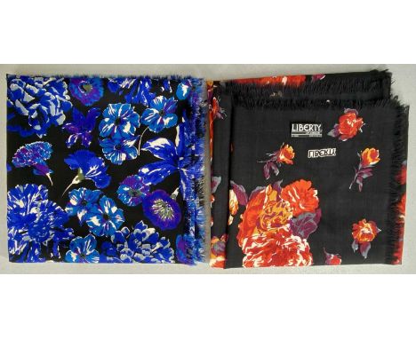 LIBERTY OF LONDON: VARUNA WOOL SHAWL, red floral pattern on blue ground, printed Liberty name and label, approx. 130 x 124cms