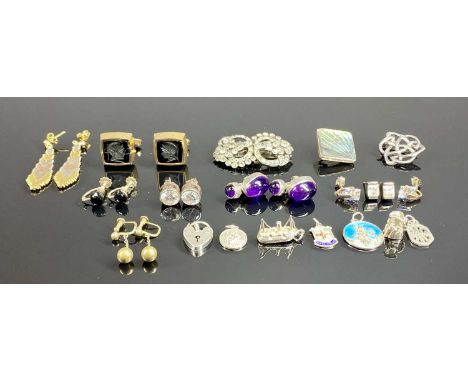 ASSORTED SILVER JEWELLERY, including brooches, charms, earrings, cufflinks, etc.Provenance: private collection Wirral