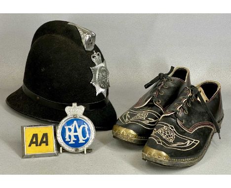 GROUP OF VINTAGE COLLECTABLES, including Cheshire Constabulary helmet, RAC and AA car badges, and pair of men's clogsProvenan
