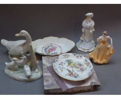 Two Coalport figurines, two Coalport dishes and two Nao Ducks 