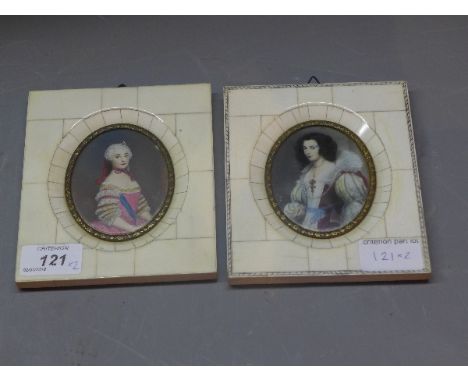 Two early 20th Century miniature portrait painted and printed with male and female, within ivory frames, 8cm x 7cm