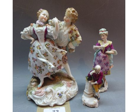 A Meissen style ceramic figured study, H:17cm, together with two other smaller figures