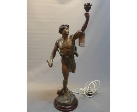 A 19th Century French spelter lamp figure, signed E Picault to the base, converted to electricity, H:80cm