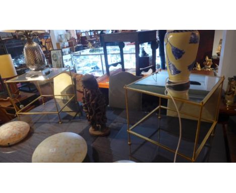 A pair of contemporary gilt metal lamp tables with mirrored top. H-46cm, W-46cm, D-46cm. 