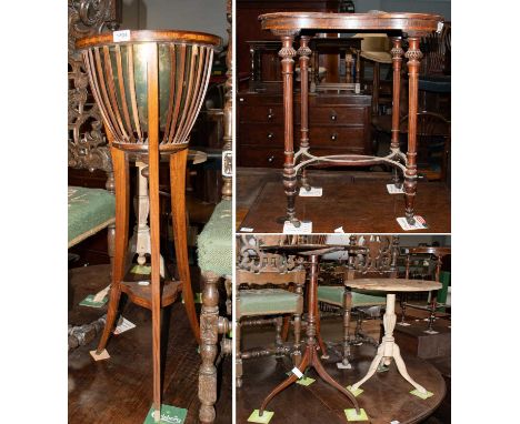 An Edwardian Inlaid Mahogany Plant Stand, with brass liner, a 19th century mahogany tripod table, a pine tripod table of simi