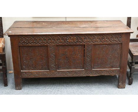 A 17th Century Oak Three Panel Coffer, 136cm wide