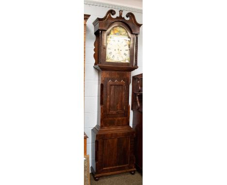 A Mahogany Eight Day Painted Dial Longcase Clock, circa 1830, 14 inch arch painted dial signed W. Helliwell, Leeds, 230cm hig